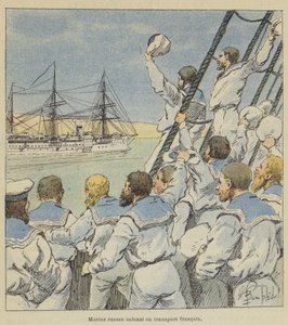 Rosyjscy marynarze pozdrawiają francuski transport autorstwa after Louis Charles Bombled