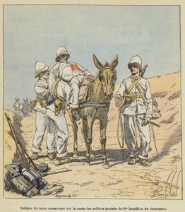 Żołnierze z pociągu zabierającego na drogę wyczerpanych żołnierzy 40. batalionu Chasseur autorstwa after Louis Charles Bombled