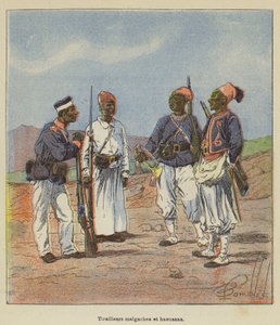 Harcownicy Madagaskaru i Hausa autorstwa after Louis Charles Bombled