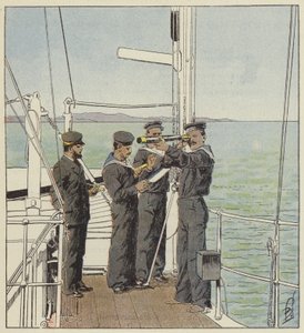 Japońscy obserwatorzy obserwujący flotę Port-Arthur autorstwa after Louis Charles Bombled