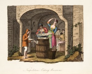 Neapolitańczycy jedzący makaron, z Italian Scenery, przedstawiający maniery, zwyczaje i rozrywki różnych stanów Włoch, pub. 1806 (rycina ręcznie kolorowana)