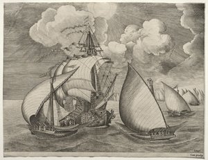 Żaglowce: flota galer eskortowana przez karawelę autorstwa after Pieter Bruegel