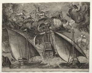 Żaglowce: dwie galery płynące za uzbrojonym trójmistrzem z Faetonem i Jowiszem na niebie autorstwa after Pieter Bruegel