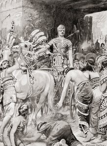 Psamtik I Egiptu wjeżdżający do miasta Azotus lub Aszdod, z Historii Narodów Hutchinsonów, wyd. 1915