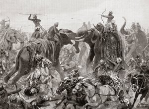 Klęska Pulakeshin Chalukhya przez Narasimhavarmana I pod Badami w 642 AD, z Hutchinsons History of the Nations, wyd. 1915