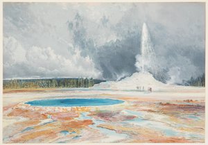 Gejzer zamkowy, dorzecze górnego gejzeru, Park Narodowy Yellowstone autorstwa after Thomas Moran