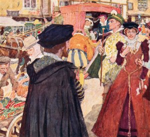 Szekspir obserwujący głupie mody i wybryki chuliganów na Ludgate Hill w Londynie autorstwa after William Hatherell