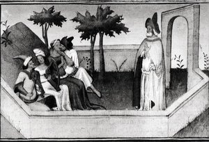 Ms Fr 2810 Jak Starzec z Gór przyjął wyznawców w ogrodzie, z Livre des Merveilles du Monde, ok. 1410-12 autorstwa and workshop Boucicaut Master