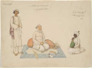 Shah Inayat Allah z Sind ze swoim muzykiem Makkhu i jego asystentem Shaykh Qiyam al-Din, strona z albumu Frasera autorstwa anonymous 
