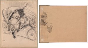 Kobieta wchodząca do fiakry (recto); Właściwy profil mężczyzny noszącego wysoki kapelusz (verso) autorstwa attributed to Jean Louis Forain