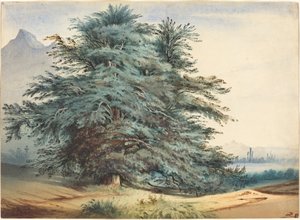 Dwa prastare drzewa przed szczytem górskim autorstwa attributed to Jules Dupré