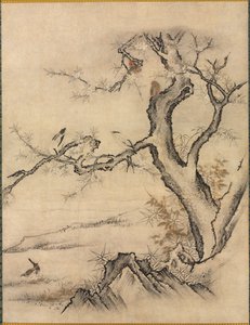 Kwiaty i ptaki w wiosennym krajobrazie autorstwa attributed to Kano Motonobu
