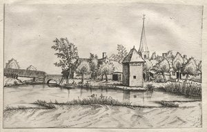 Widoki wiosek w Brabancji i Campine: wioska z fosą autorstwa attributed to Master of the Small Landscapes