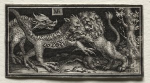 Lew walczący z dwiema bestiami autorstwa attributed to Tobias Stimmer