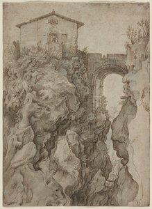 Ponte San Rocco w Tivoli autorstwa attributed to Willem van Niewlandt