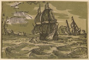 Dwa statki z trzema kapitanami przy linii brzegowej autorstwa attributed to workshop of Willem Jansz. Blaeu