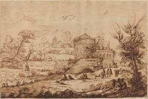 Krajobraz z fortecą i rzeką autorstwa called Guercino after Giovanni Francesco Barbieri