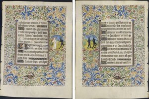 Kartka z Księgi Godzin: Anioł ścigający diabła (recto) i Dwa diabły (verso) autorstwa circle of Coëtivy Master