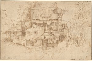 Kompleks rustykalnych domów zbudowanych na ruinach autorstwa circle of Giorgione