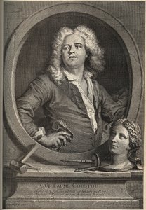 Portret Guillaume Coustou (1677-1746) francuskiego rzeźbiarza - rycina Larmessina wg J.de Liena autorstwa de Larmessin