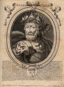 Portret Merovee lub Merovech Roi frank (v.458) 1. król rasy Merowingów - Portret Merovech (Meroveus) (zm.456) King of the Salian Franks - rycina z 