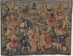 Sceny myśliwskie i pasterskie, z dudziarzem i tancerkami autorstwa design probably French 16th Century, Paris; woven in southern Netherlands or Paris in an undetermine workshop