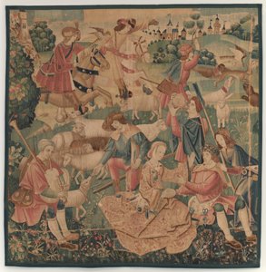 Sceny myśliwskie i pasterskie, z bohaterem owiniętym między damami autorstwa design probably French 16th Century, Paris; woven in southern Netherlands or Paris in an undetermine workshop