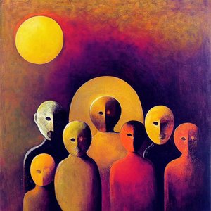Abstrakcyjny tłum z wyrazistymi twarzami, figuratywna sztuka surrealizmu