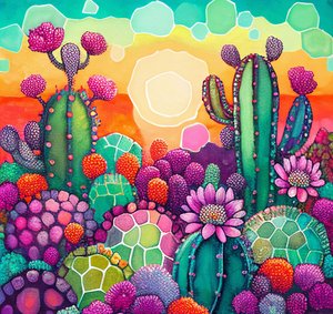 Desert Bloom: kolorowy abstrakcyjny obraz przedstawiający zachód słońca na płaskowyżach kaktusów autorstwa F. Abderrahim