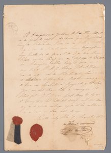 Kawałek materiału ze spódnicy mundurowej J.C.J. van Speyk z załączonymi dowodami pochodzenia autorstwa jonkheer H. E. de Boer