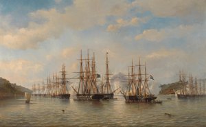 Dywizjony holenderskie, angielskie, francuskie i amerykańskie na wodach japońskich podczas wyprawy dowodzonej przez francuskiego dowódcę Constanta Jaurèsa, wrzesień 1864 autorstwa jonkheer Jacob Eduard van Heemskerck