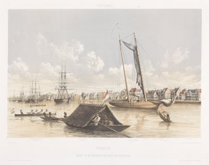 Widok na nabrzeże i redę Paramaribo Widoki z holenderskich Indii Zachodnich (tytuł serii) autorstwa jonkheer Jacob Eduard van Heemskerck