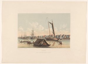 Nabrzeże i reda w Paramaribo Surinam. Widok na Waterkant i redę Paramaribo (tytuł na obiekcie) autorstwa jonkheer Jacob Eduard van Heemskerck