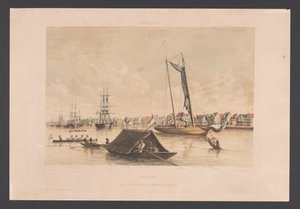 Nabrzeże i reda w Paramaribo Surinam. Widok na Waterkant i redę Paramaribo (tytuł na obiekcie) Indie Zachodnie (tytuł serii na obiekcie) Widoki z holenderskich Indii Zachodnich (tytuł serii) autorstwa jonkheer Jacob Eduard van Heemskerck