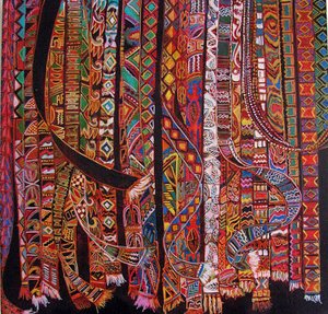 Backstrap weaving, 2014 (mieszane, akryl, tusz, olej) autorstwa linda arthurs