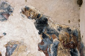 Anioł i święty, fragment fresku w kościele Agios Georgios Apodoulou, Apodoulou, Kreta, Grecja (zdjęcie) autorstwa Theodore Charles Ange Coquelin
