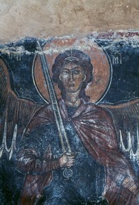 Anioł trzymający miecz, fresk w bizantyjskim kościele św. Jerzego, Komitades, Kreta, Grecja (zdjęcie)
