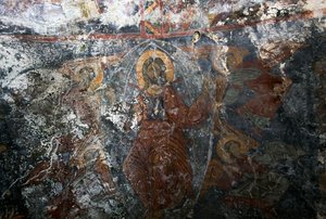 Chrystus z aniołami i świętym, fresk w kościele Panagia, Kitiros, Kreta, Grecja (zdjęcie) autorstwa Theodore Charles Ange Coquelin