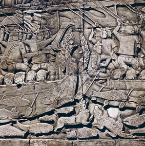 Bitwa morska między Cham i Khmerem, fragment płaskorzeźby świątyni Bayon (XIII w.), Angkor Thom, stanowisko archeologiczne Angkor (lista światowego dziedzictwa UNESCO