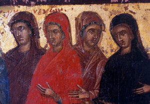 Pobożne kobiety, drewniany panel w bizantyjskim kościele Palea Roumata, Kreta, Grecja (zdjęcie) autorstwa Theodore Charles Ange Coquelin