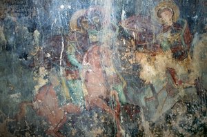 Święci na koniu, fresk w bizantyjskim kościele Agios Athanasios, Kefali, Kreta, Grecja (zdjęcie) autorstwa Theodore Charles Ange Coquelin