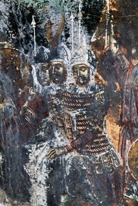 Żołnierz, uszkodzony fresk na suficie kościoła Agios Vasileios, Vavouledo, Kreta, Grecja (zdjęcie) autorstwa Theodore Charles Ange Coquelin