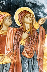 Św. Longin i Maria, scena Ukrzyżowania, fresk w klasztorze Mikro Sotiris, wyspa Symi, Grecja (zdjęcie) autorstwa Theodore Charles Ange Coquelin