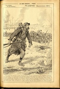 Dziennik Buvard du Bon Marche 1917 - Ilustracja Hioba (Jacques Marie (Jacques-Marie) Gaston Onfray i Breville) (1858-1931): Marna Wrzesień 1914 - Wojna 14-18, Marna, Wielkie Bitwy, Bitwa pod Marną - Żołnierze autorstwa pseudonym for Onfray de Breville Jacques Job