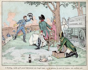 Bitwa pod Aspern Essling - Napoleon otrzymuje wiadomość o śmierci marszałka Lannesa 1809 - Bitwa pod Aspern-Essling - Napoleon otrzymuje wiadomość o śmierci marszałka Lannesa - litografia Joba (Jacques Onfroy de Breville) z „” Le Grand Napoleon des Petites autorstwa pseudonym for Onfray de Breville Jacques Job