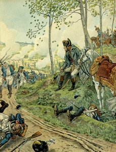 Kampania włoska (1799-1800): Napoleon I Bonaparte (1769-1821) w bitwie pod Marengo 14 czerwca 1800 r. w Piemoncie (Włochy), przeciwstawiając się armii napoleońskiej i austriackiej. Ilustracja Jacques Marie Gaston Onfray de Breville dit JOB (1858-1931). Pry autorstwa pseudonym for Onfray de Breville Jacques Job