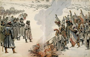 Kampania Rosji (1812): Podczas odwrotu Rosji Napoleon I Bonaparte (1769-1821) nakazał spalić flagi i orły, aby nie dopuścić do ich przejęcia przez wroga. W „”Napoleonie”” Georgesa Montorgueila. Ilustracja Jacquesa Marie Gastona Onfray autorstwa pseudonym for Onfray de Breville Jacques Job