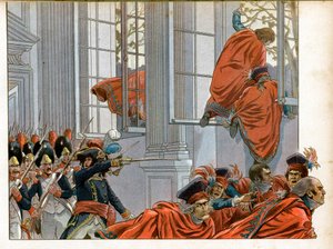 Konsulat: Joachim Murat (1767-1815) wchodzi do Izby Rady Pięciu Centów (Sala 500) z 50 mężczyznami, aby wypędzić senatorów podczas zamachu stanu 18 mgły (9/11 /1799) która zakończyła Zarząd i dała początek autorstwa pseudonym for Onfray de Breville Jacques Job