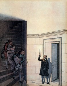 Cesarz Napoleon I Bonaparte (1769-1821) i jego szambelan po ogłoszeniu jej rozwodu w 1809 r., cesarz Józefina (1763-1814) zniknęli w jej sypialni. W „”Napoleonie”” Georgesa Montorgueila. Ilustracja Jacquesa Marie Gastona Onfray autorstwa pseudonym for Onfray de Breville Jacques Job