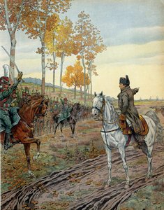 Cesarz Napoleon I Bonaparte (1769-1821) dowodził drugim pułkiem łowców konnych w 1806 r. podczas kampanii pruskiej (Niemcy) przed bitwą pod Ieną 14 października 1806 r. W „Napoleonie” Georgesa Montorgueila. Ilustracja Jacquesa Marie autorstwa pseudonym for Onfray de Breville Jacques Job